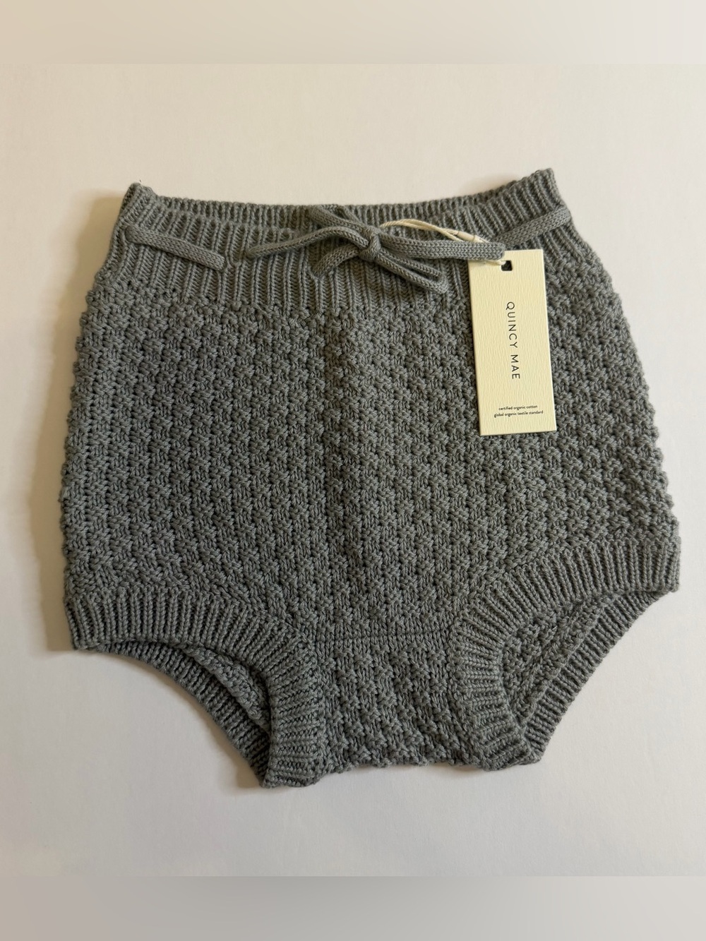 Quincy Mae Organic Cotton Knit Baby Bloomer Shorts 12–18M Dusty Blue/Gray NWT